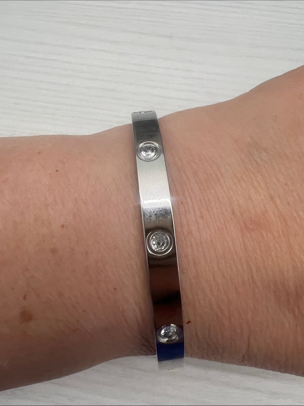 Silver Screw-Accent Bangle Bracelet with Clear Stones